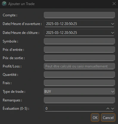 capture d'écran du module pour ajouter un trade manuellement à la base de données du journal de trading