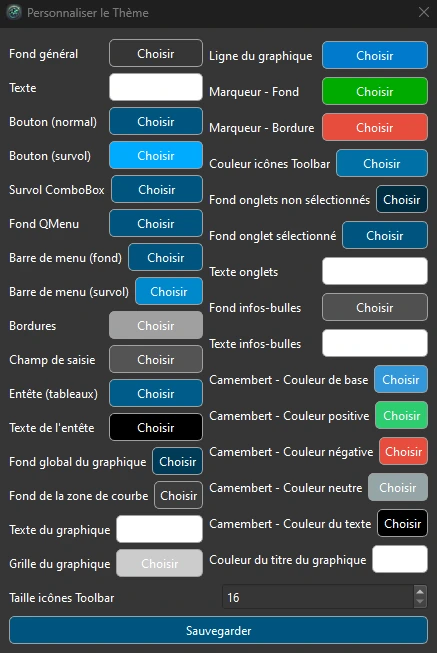 Capture d'écran du module custom thème pour configurer toutes les couleurs de l'interface graphique du journal de trading